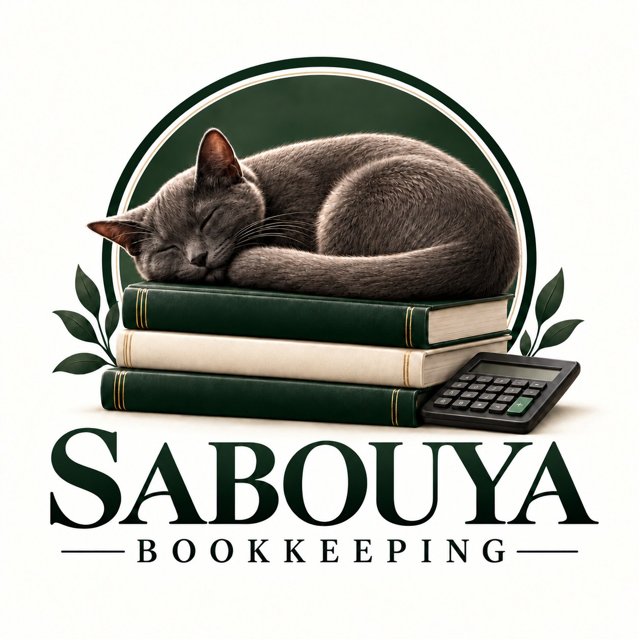 Sabouya Bookkeeping logo: a sleeping gray cat on a stack of books with a calculator